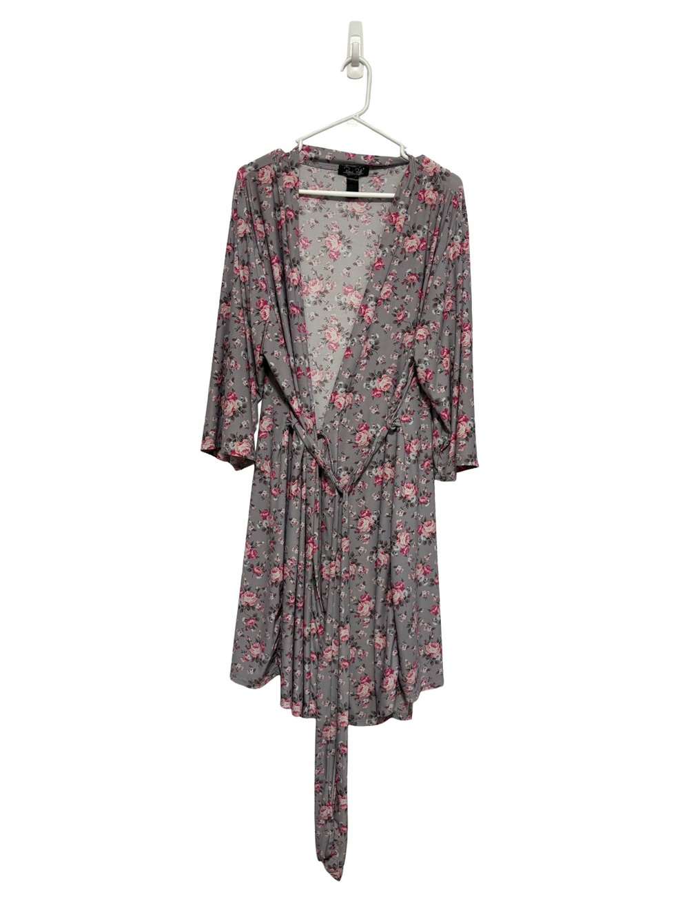 Rene Rofe Gray Floral Light Weight Robe with Pink Roses - Picture 1 of 8